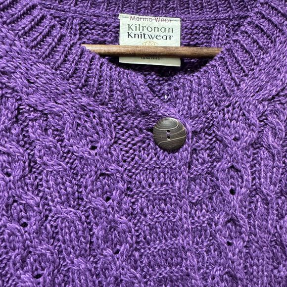 Kilronan Knitwear 100% Pure New Wool Cardigan Large Purple Chunky Knit Sweater - Picture 6 of 10